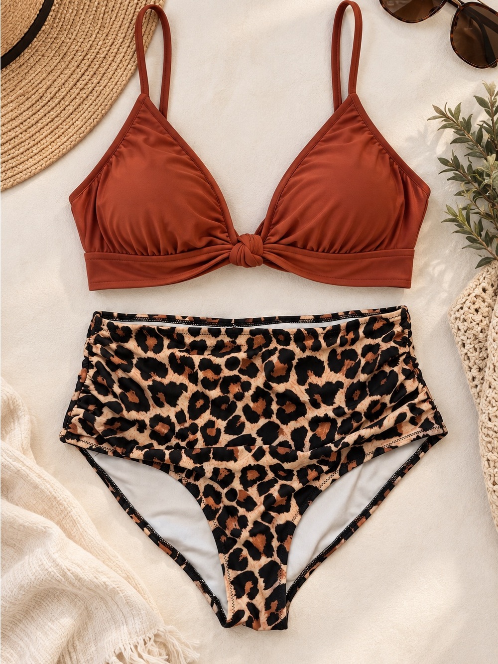 High-Waist Leopard Print Bikini Bottom - Black & Tan‎